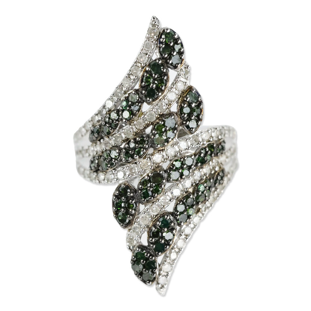 D'Joy Green and White Diamond Bypass Ring in Platinum Over Sterling Silver