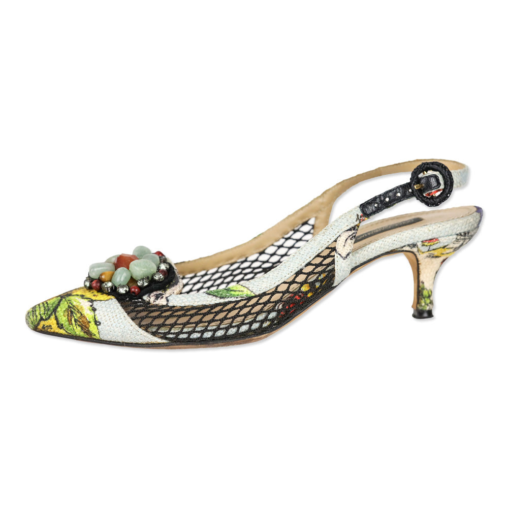 Dolce & Gabbana Spring 2013 Lemon Print Canvas/Fishnet Slingback Pumps