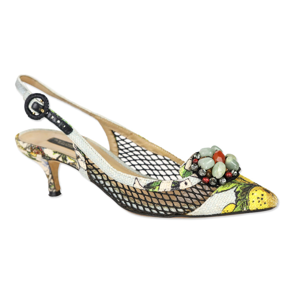 Dolce & Gabbana Spring 2013 Lemon Print Canvas/Fishnet Slingback Pumps
