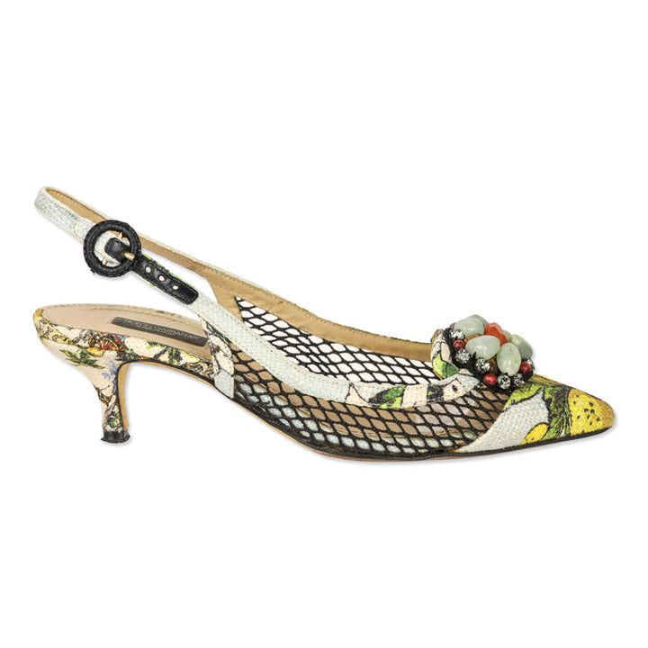 Dolce & Gabbana Spring 2013 Lemon Print Canvas/Fishnet Slingback Pumps