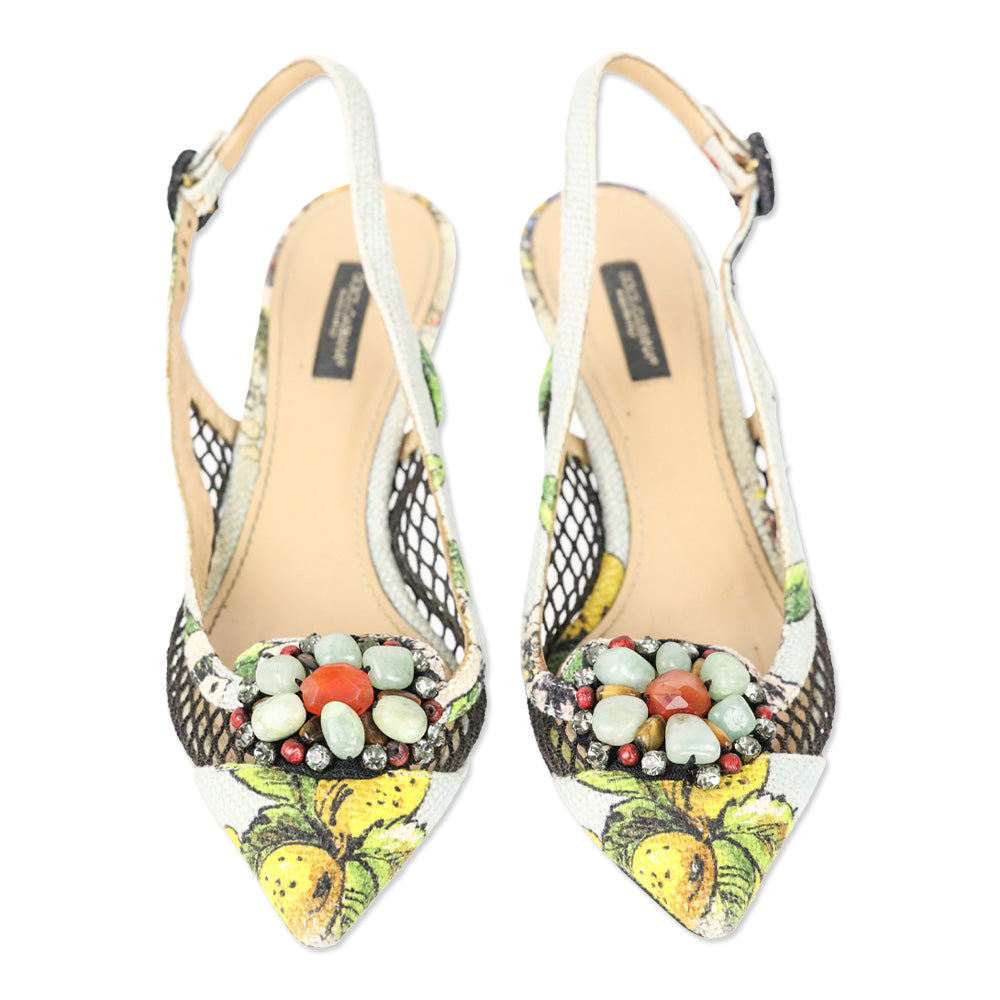 Dolce & Gabbana Spring 2013 Lemon Print Canvas/Fishnet Slingback Pumps