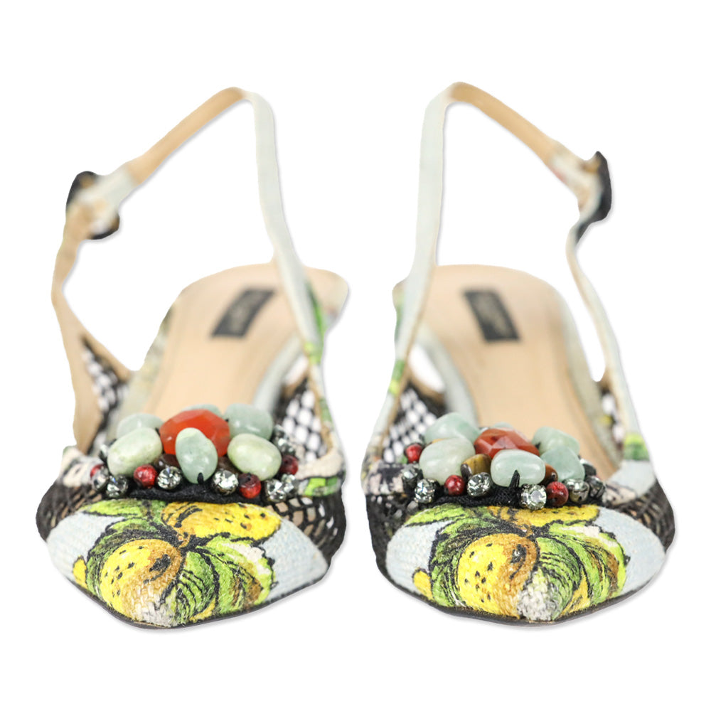 Dolce & Gabbana Spring 2013 Lemon Print Canvas/Fishnet Slingback Pumps