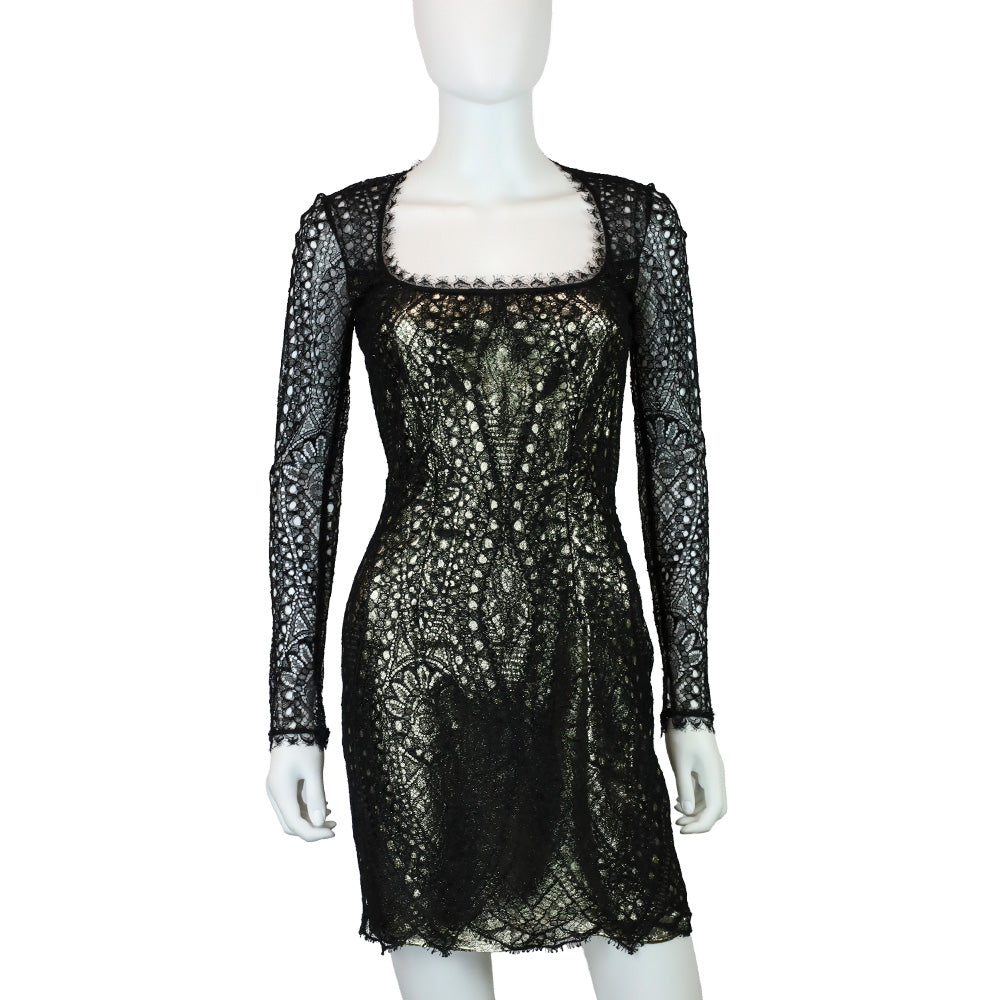 Emilio Pucci Metallic Gold & Black Lace Long Sleeve Midi Dress | DBLTKE Luxury Consignment Boutique Emilio Pucci Metallic Gold & Black Lace Long Sleeve Midi Dress | DBLTKE Luxury Consignment Boutique