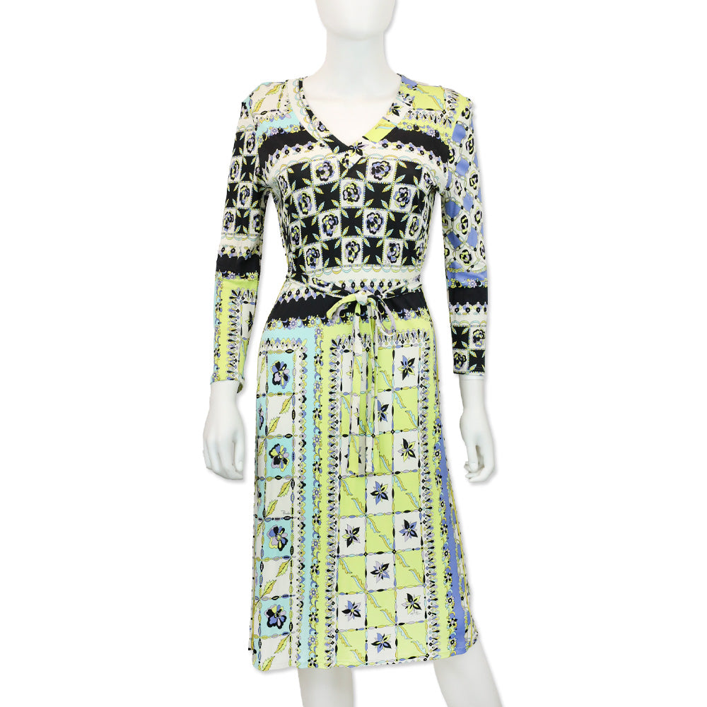 Emilio Pucci Multicolor Op Art Print Long-Sleeve V-Neck Jersey Dress | DBLTKE Luxury Consignment Boutique Emilio Pucci Multicolor Op Art Print Long-Sleeve V-Neck Jersey Dress | DBLTKE Luxury Consignment Boutique