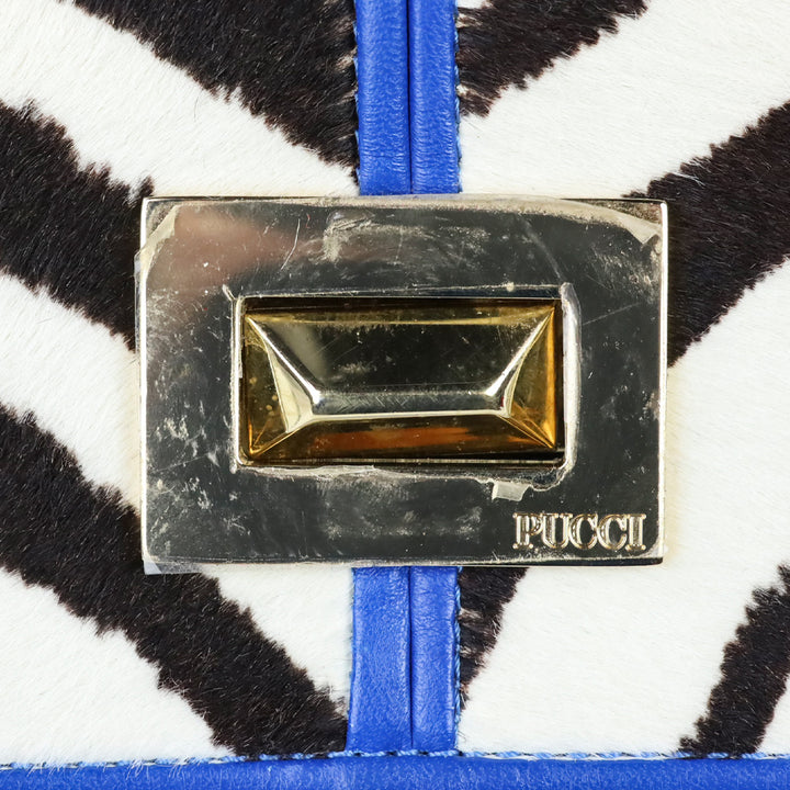 Emilio Pucci Zebra Pony Hair with Blue Leather Trim Flap Shoulder Bag
