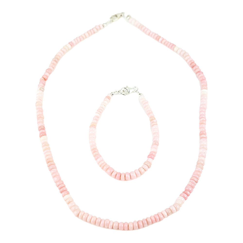 Enhanced Pink Opal Beaded Necklace and Bracelet in Rhodium Over Sterling Silver