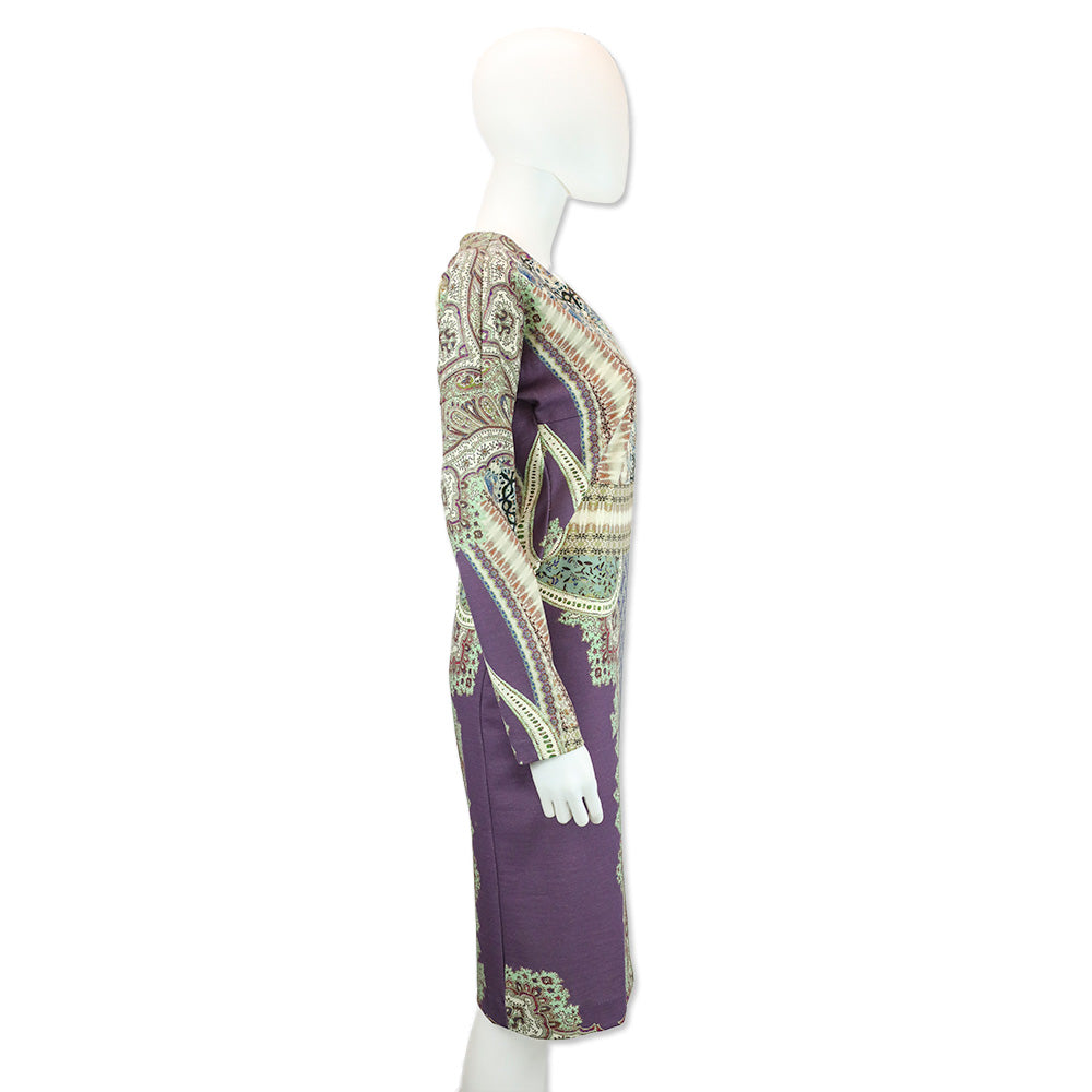 Etro Purple Multicolor Paisley Print Long Sleeve V-Neck Midi Dress