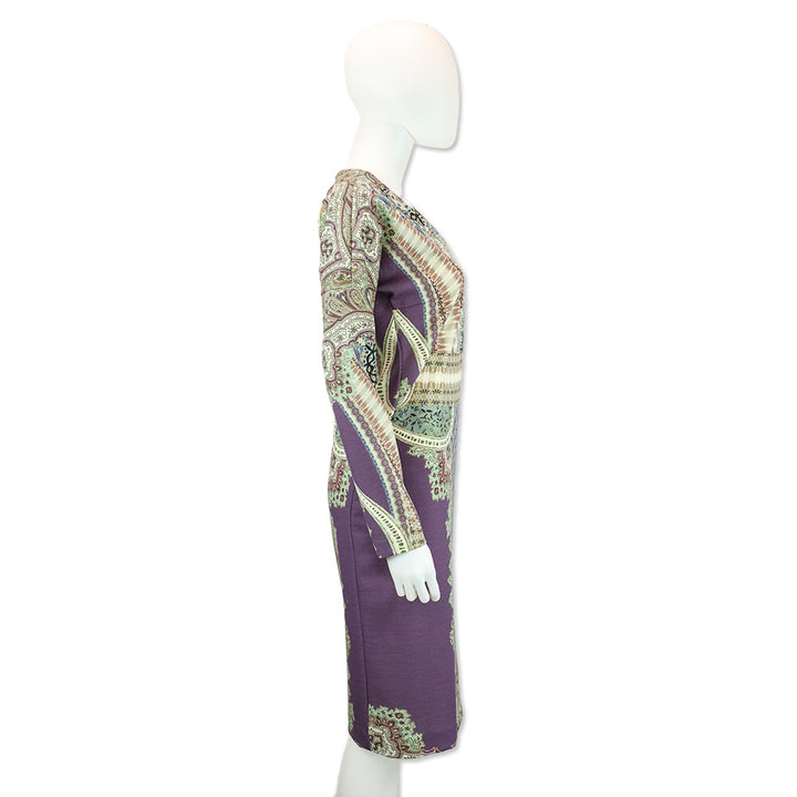 Etro Purple Multicolor Paisley Print Long Sleeve V-Neck Midi Dress