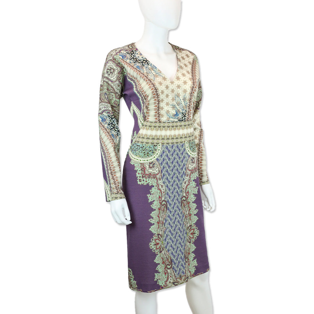 Etro Purple Multicolor Paisley Print Long Sleeve V-Neck Midi Dress
