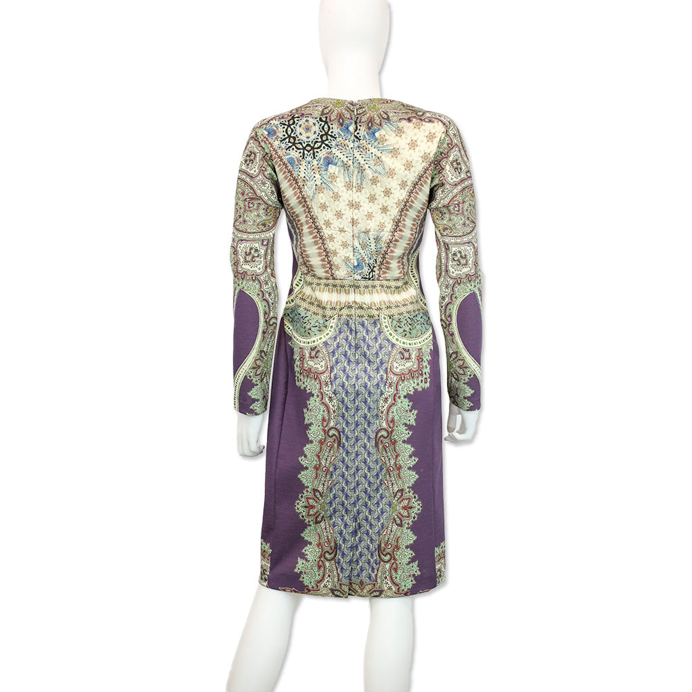 Etro Purple Multicolor Paisley Print Long Sleeve V-Neck Midi Dress
