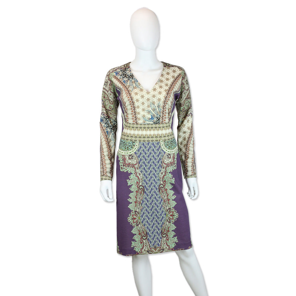 Etro Purple Multicolor Paisley Print Long Sleeve V-Neck Midi Dress