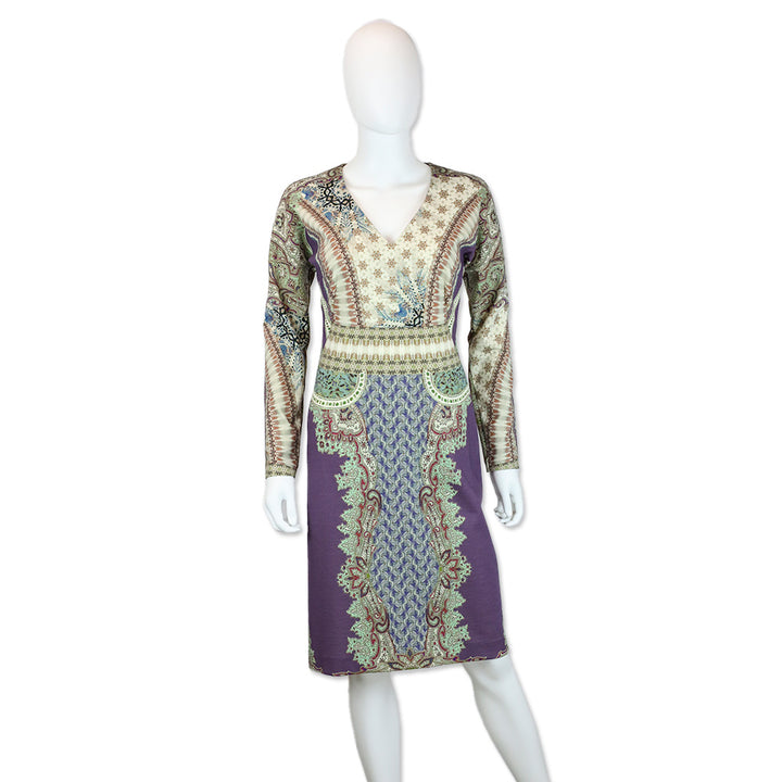 Etro Purple Multicolor Paisley Print Long Sleeve V-Neck Midi Dress