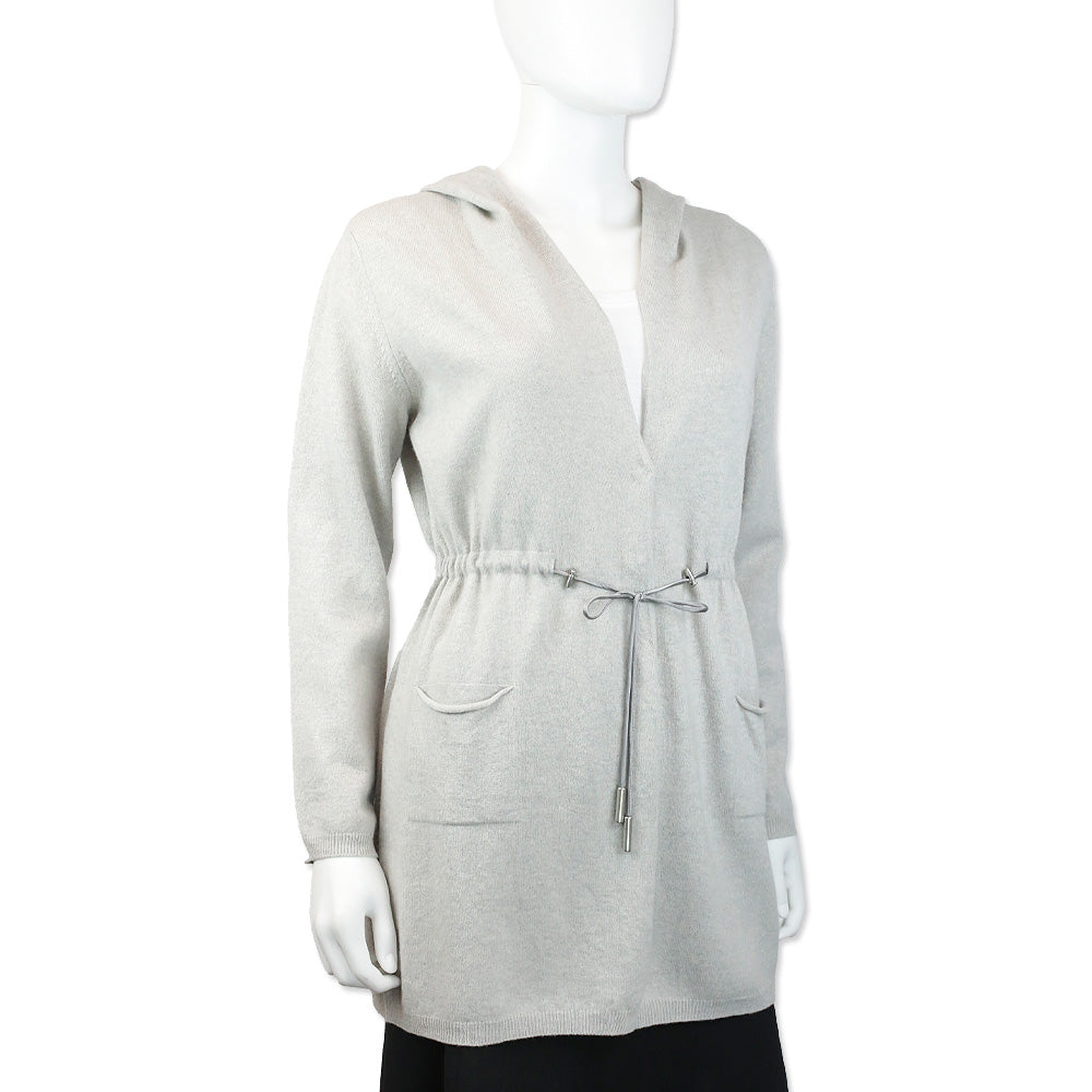 Fabiana Filippi Grey Wool-Blend Knit Hooded Drawstring Waist Cardigan