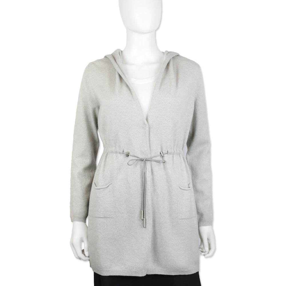 Fabiana Filippi Grey Wool-Blend Knit Hooded Drawstring Waist Cardigan
