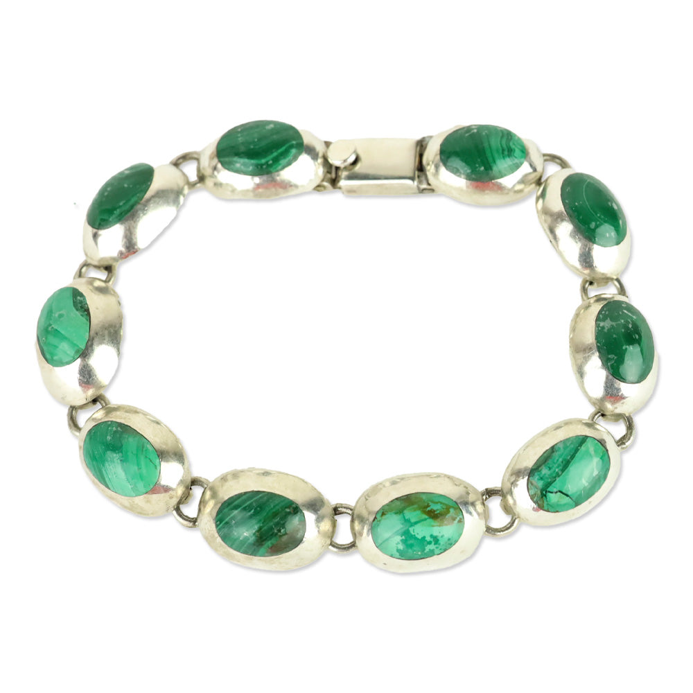 Faux Malachite and Silver-Tone Oval Link Bracelet
