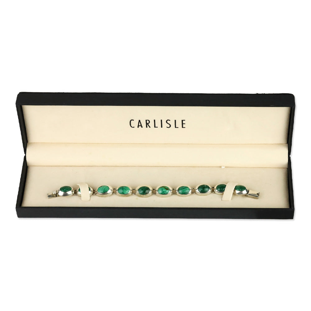 Faux Malachite and Silver-Tone Oval Link Bracelet