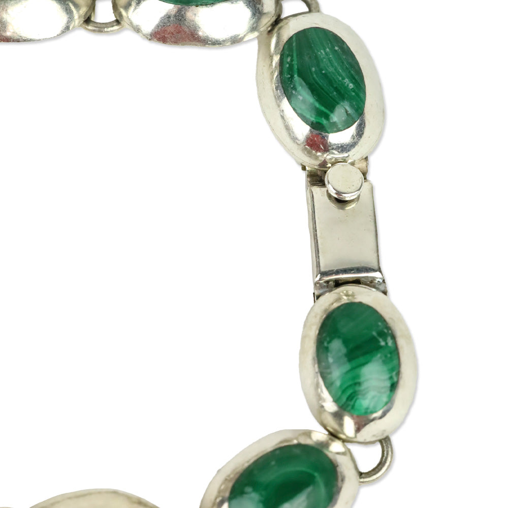 Faux Malachite and Silver-Tone Oval Link Bracelet