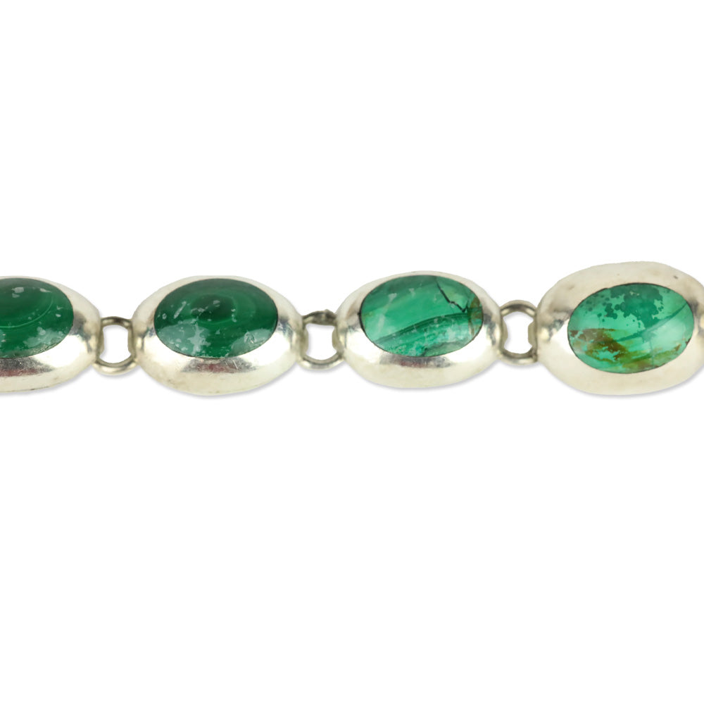 Faux Malachite and Silver-Tone Oval Link Bracelet