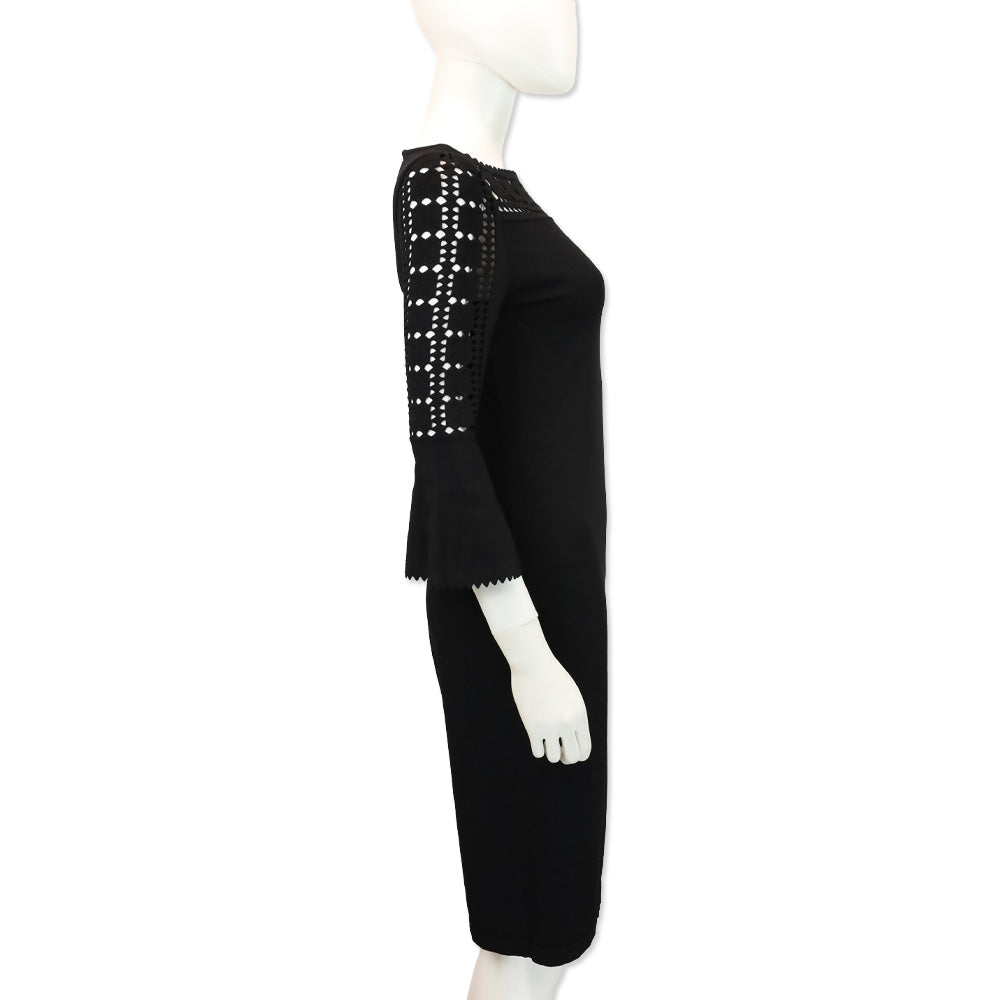 Fendi Black Cutout Ribbed Knit Boatneck Midi Dress