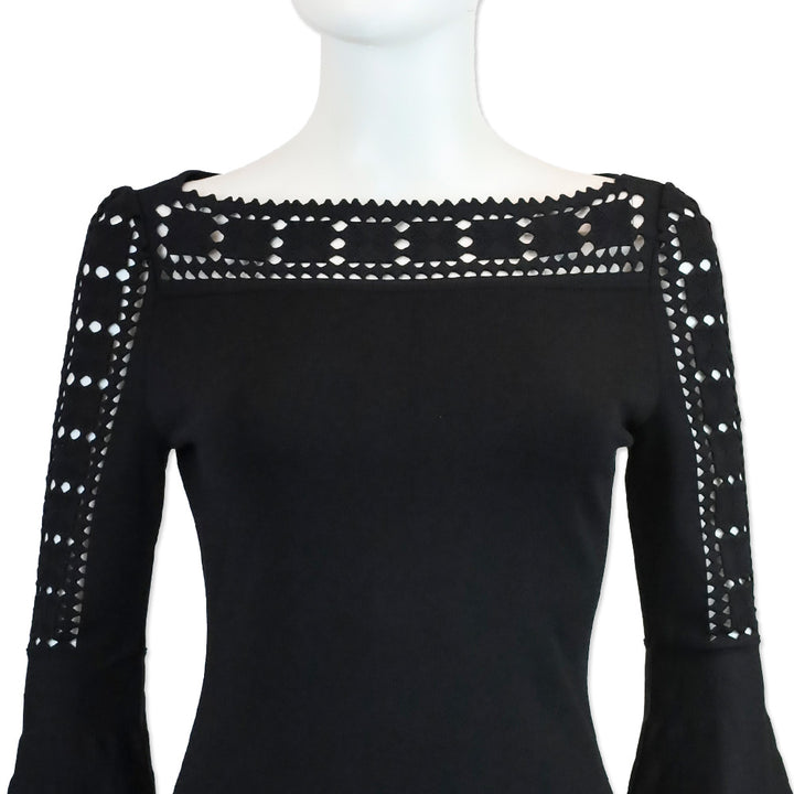 Fendi Black Cutout Ribbed Knit Boatneck Midi Dress