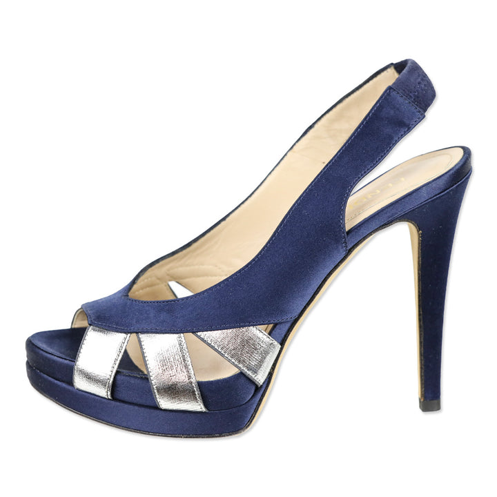Fendi Blue Satin/Metallic Silver Slingback Platform Sandal