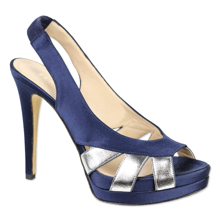 Fendi Blue Satin/Metallic Silver Slingback Platform Sandal