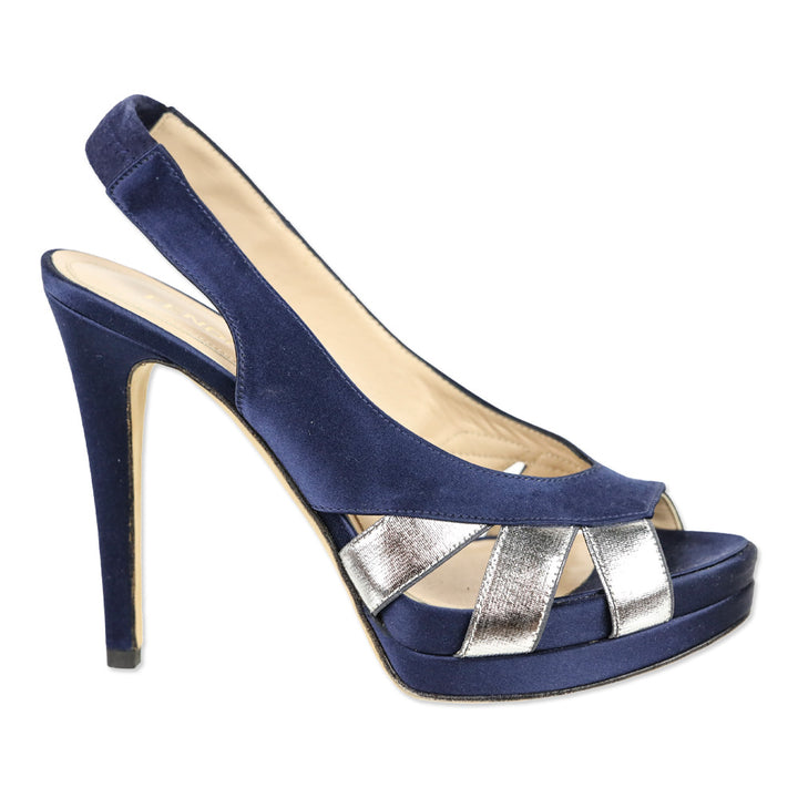 Fendi Blue Satin/Metallic Silver Slingback Platform Sandal