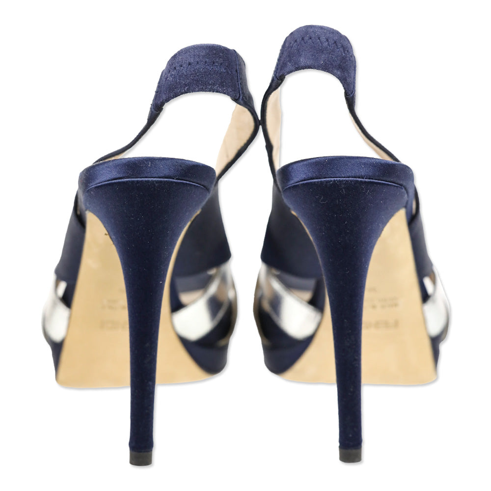 Fendi Blue Satin/Metallic Silver Slingback Platform Sandal