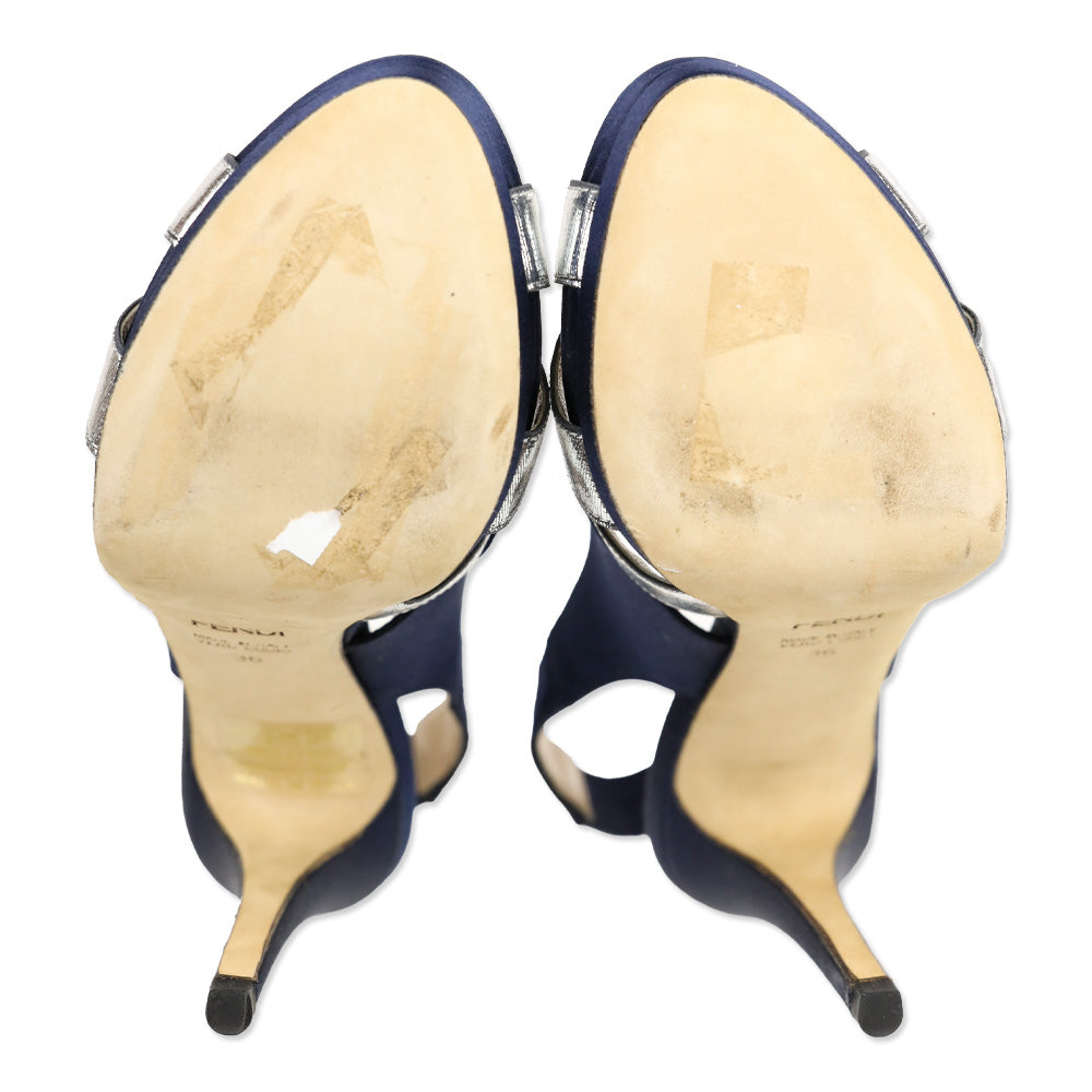 Fendi Blue Satin/Metallic Silver Slingback Platform Sandal