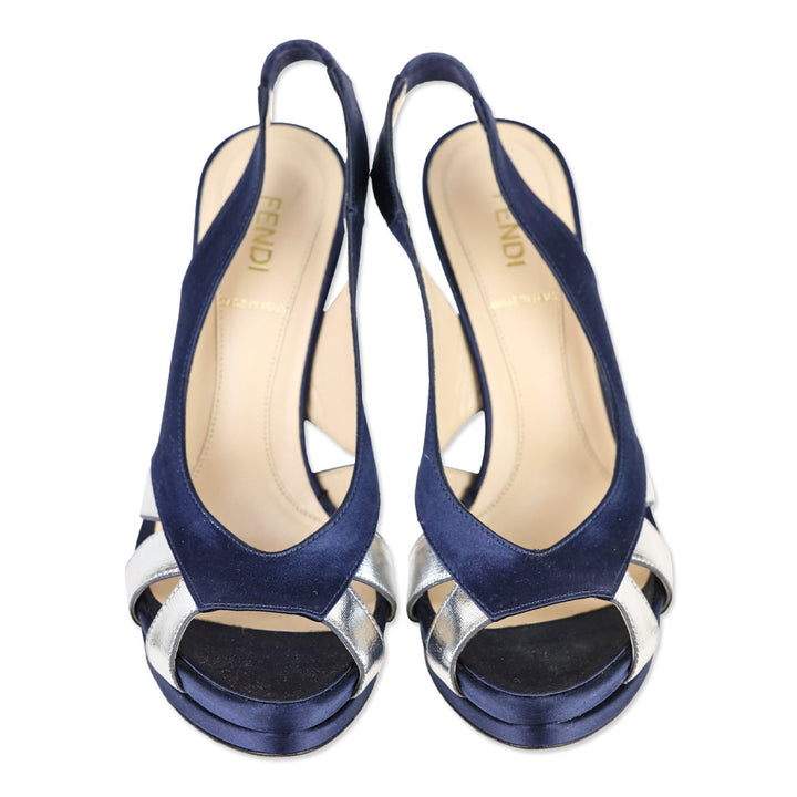 Fendi Blue Satin/Metallic Silver Slingback Platform Sandal