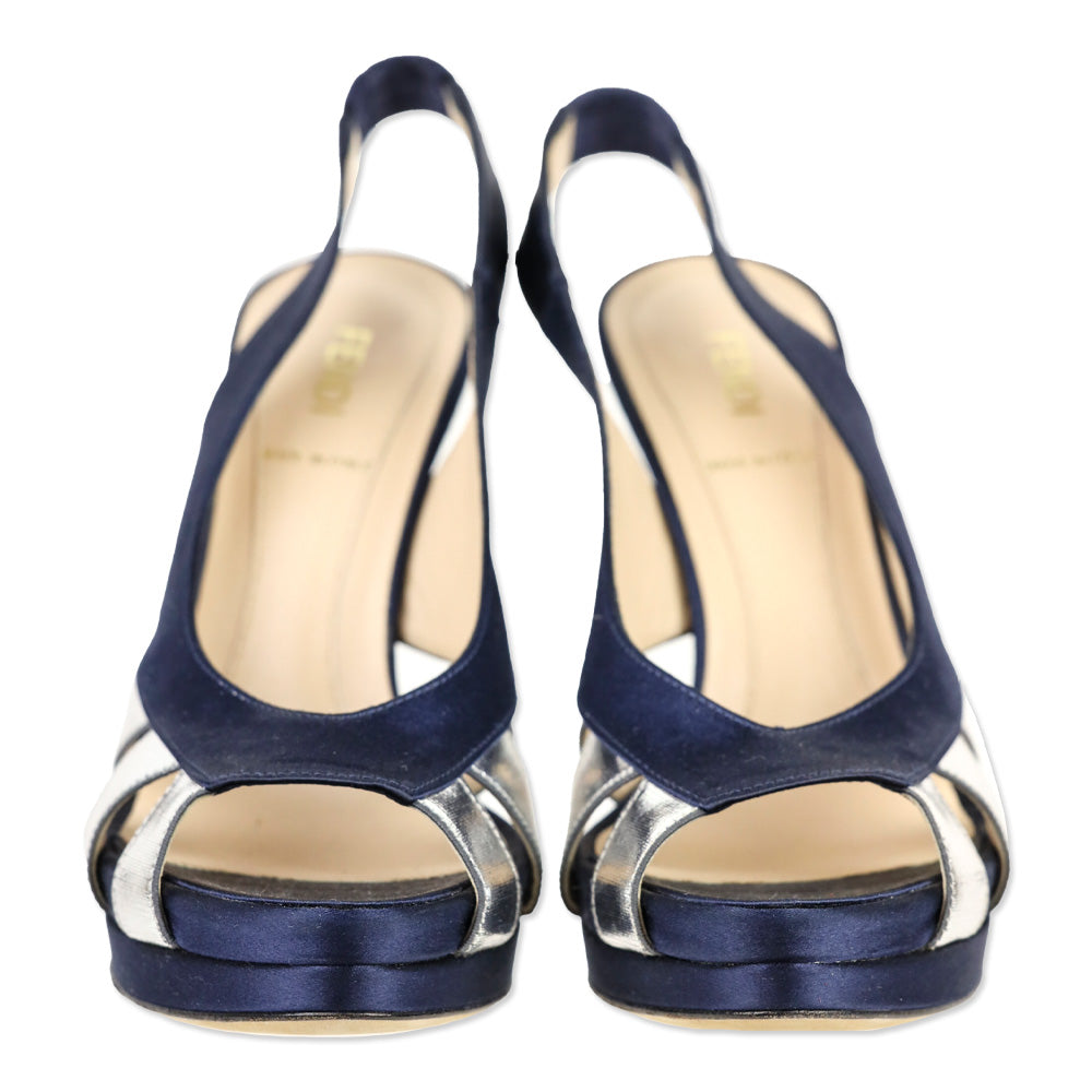 Fendi Blue Satin/Metallic Silver Slingback Platform Sandal