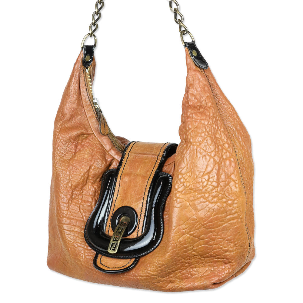 Fendi Brown Leather/Black Patent Borsa B Hobo Bag