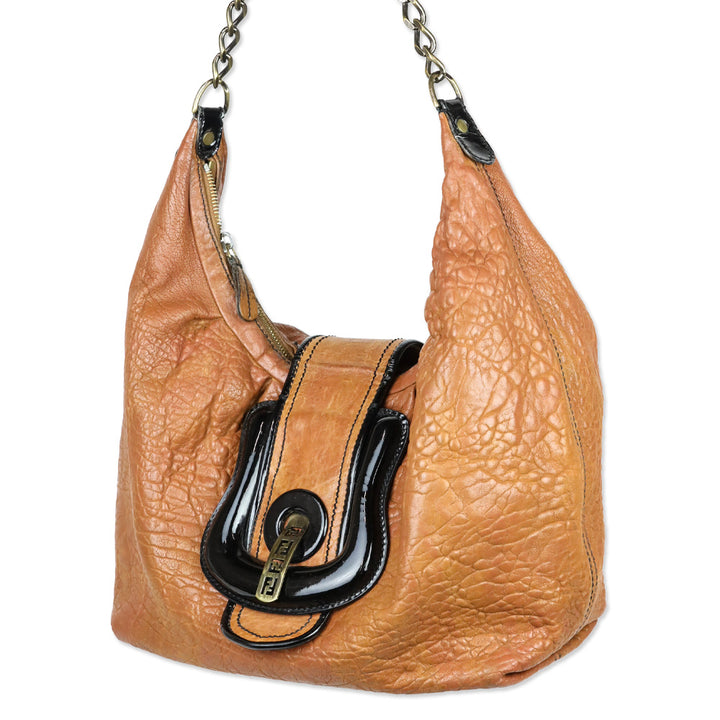 Fendi Brown Leather/Black Patent Borsa B Hobo Bag