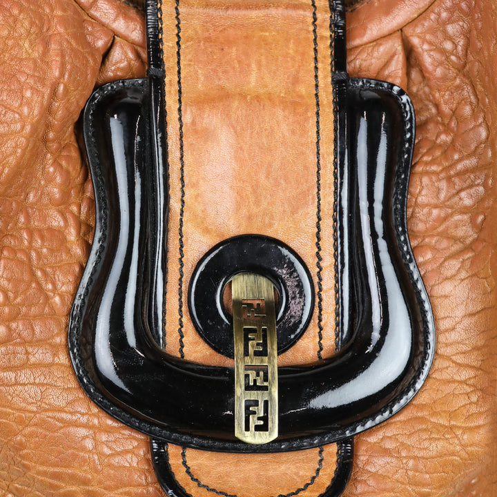 Fendi Brown Leather/Black Patent Borsa B Hobo Bag