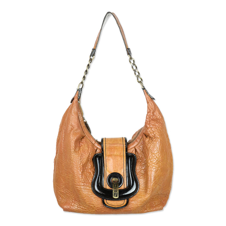 Fendi Brown Leather/Black Patent Borsa B Hobo Bag