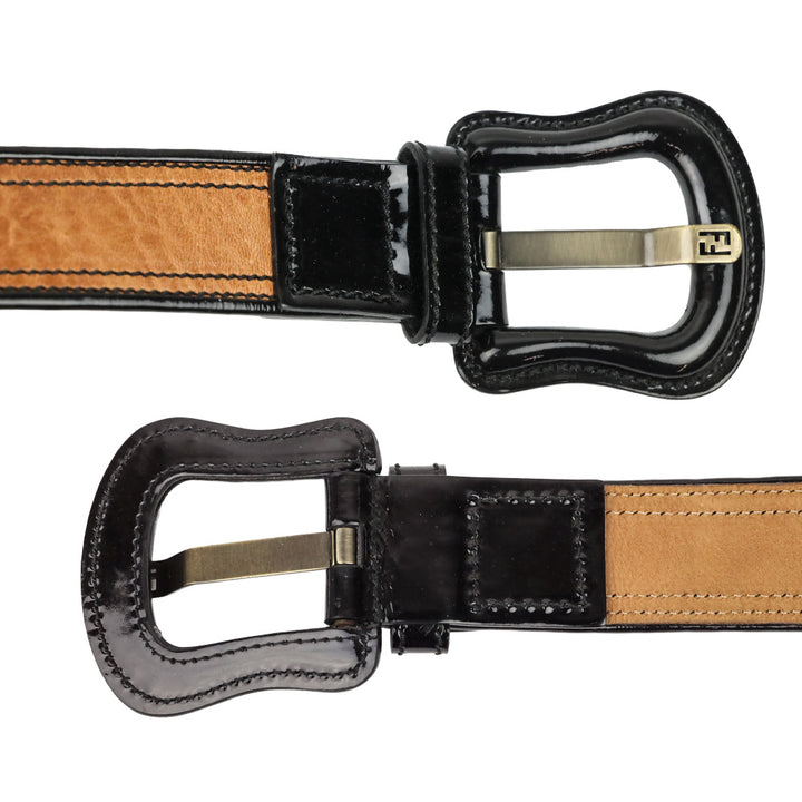 Fendi Brown Leather/Black Patent Trim Wide Belt