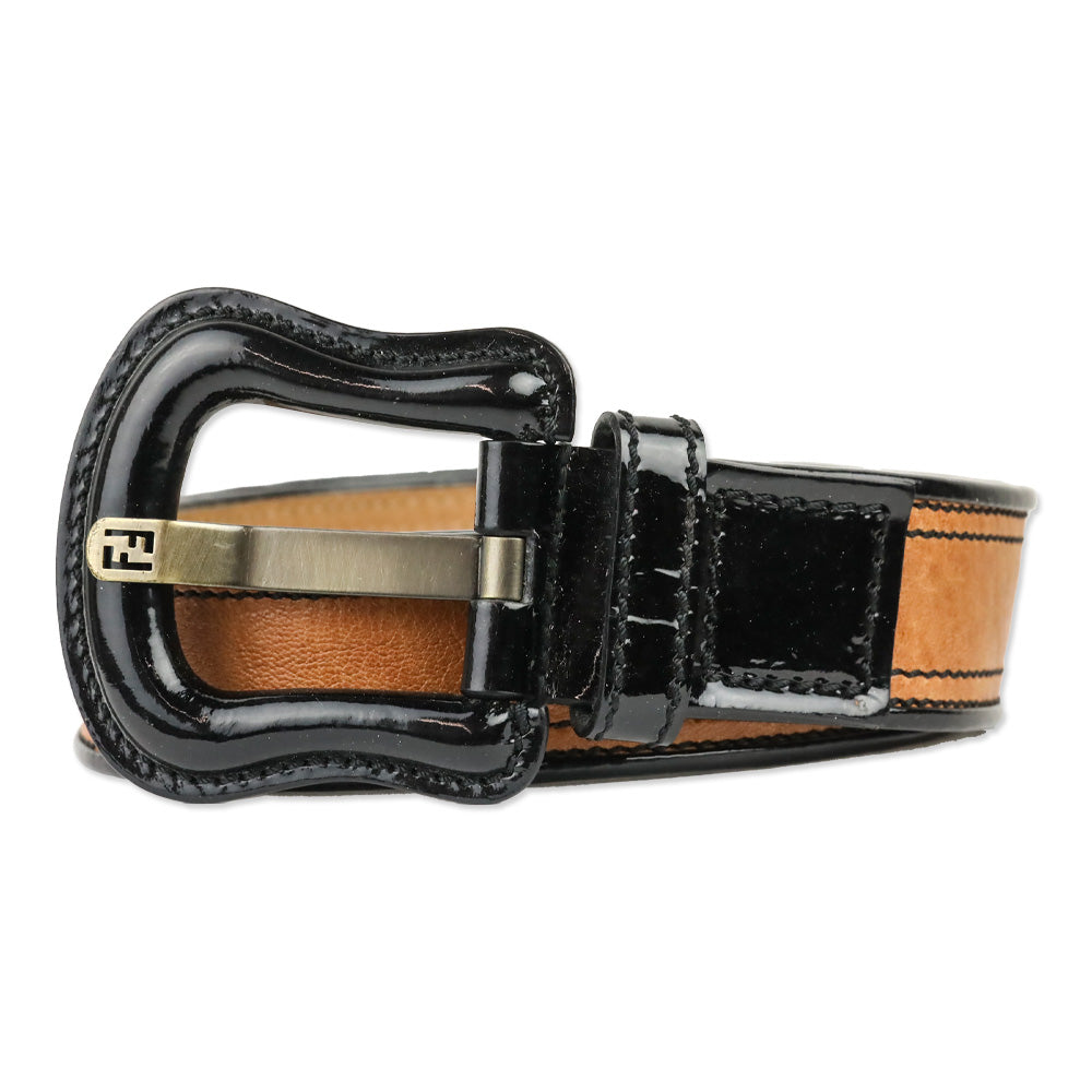 Fendi Brown Leather/Black Patent Trim Wide Belt