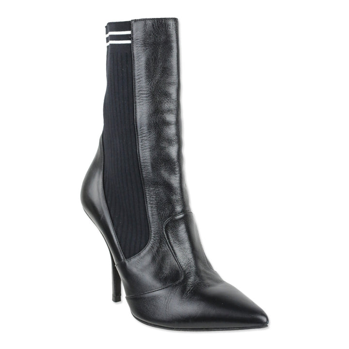 Fendi Rockoko Black Leather and Ribbed-Knit Sock Ankle Boot