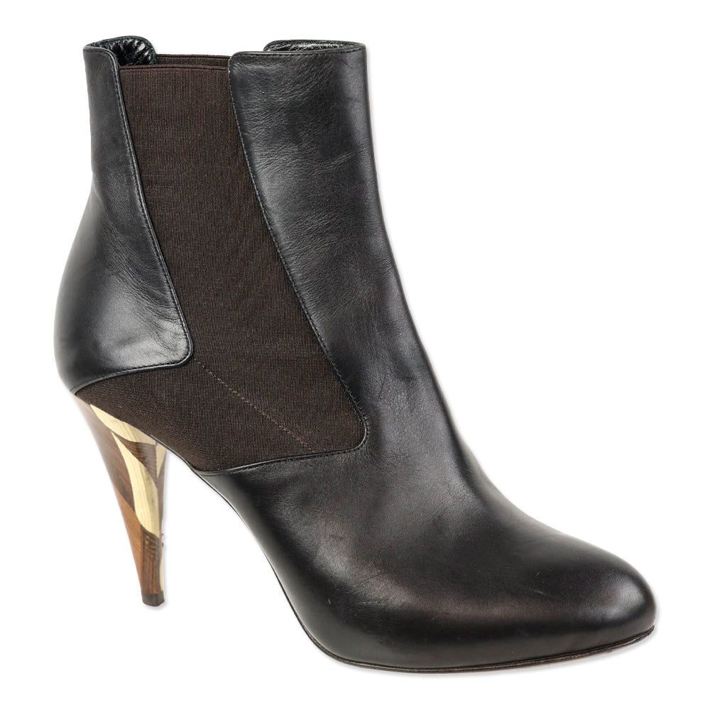 Fendi Round Toe Leather Chelsea Boots with Wooden Heels