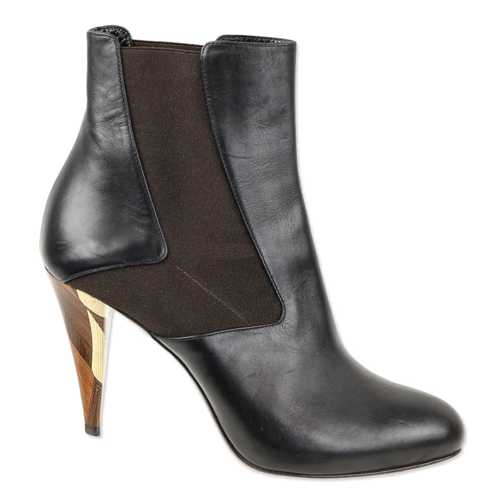 Fendi Round Toe Leather Chelsea Boots with Wooden Heels