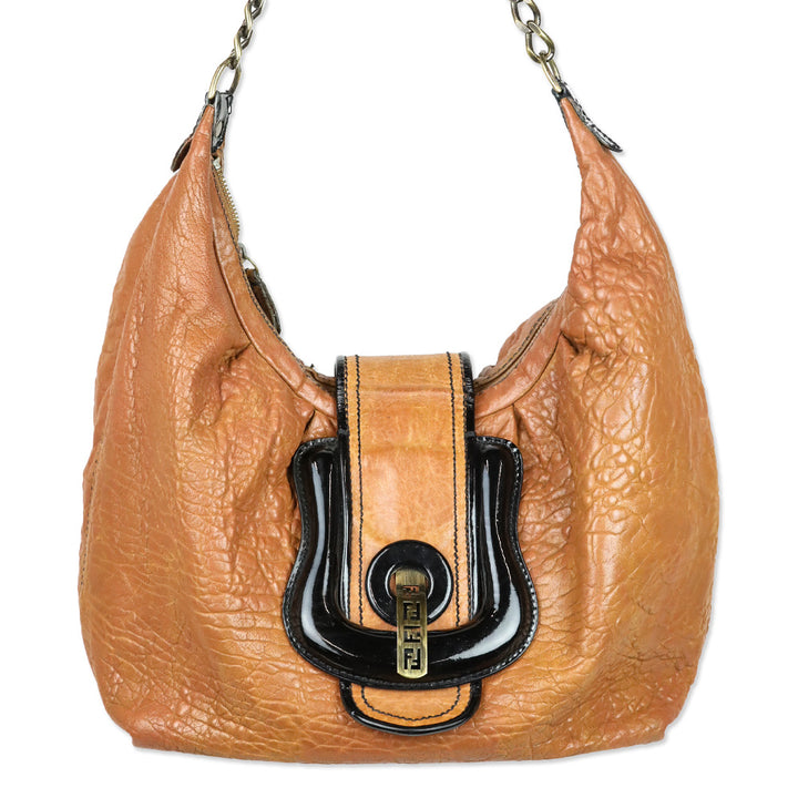 Fendi Brown Leather/Black Patent Borsa B Hobo Bag