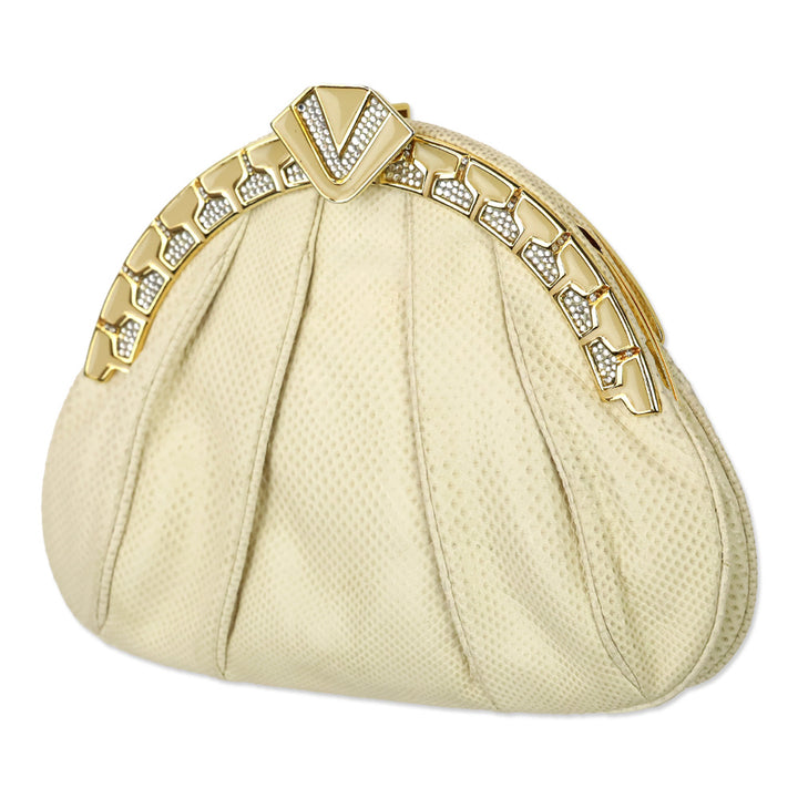 Finesse La Model Cream Lizard Skin Medium Frame Clutch with Chain Strap