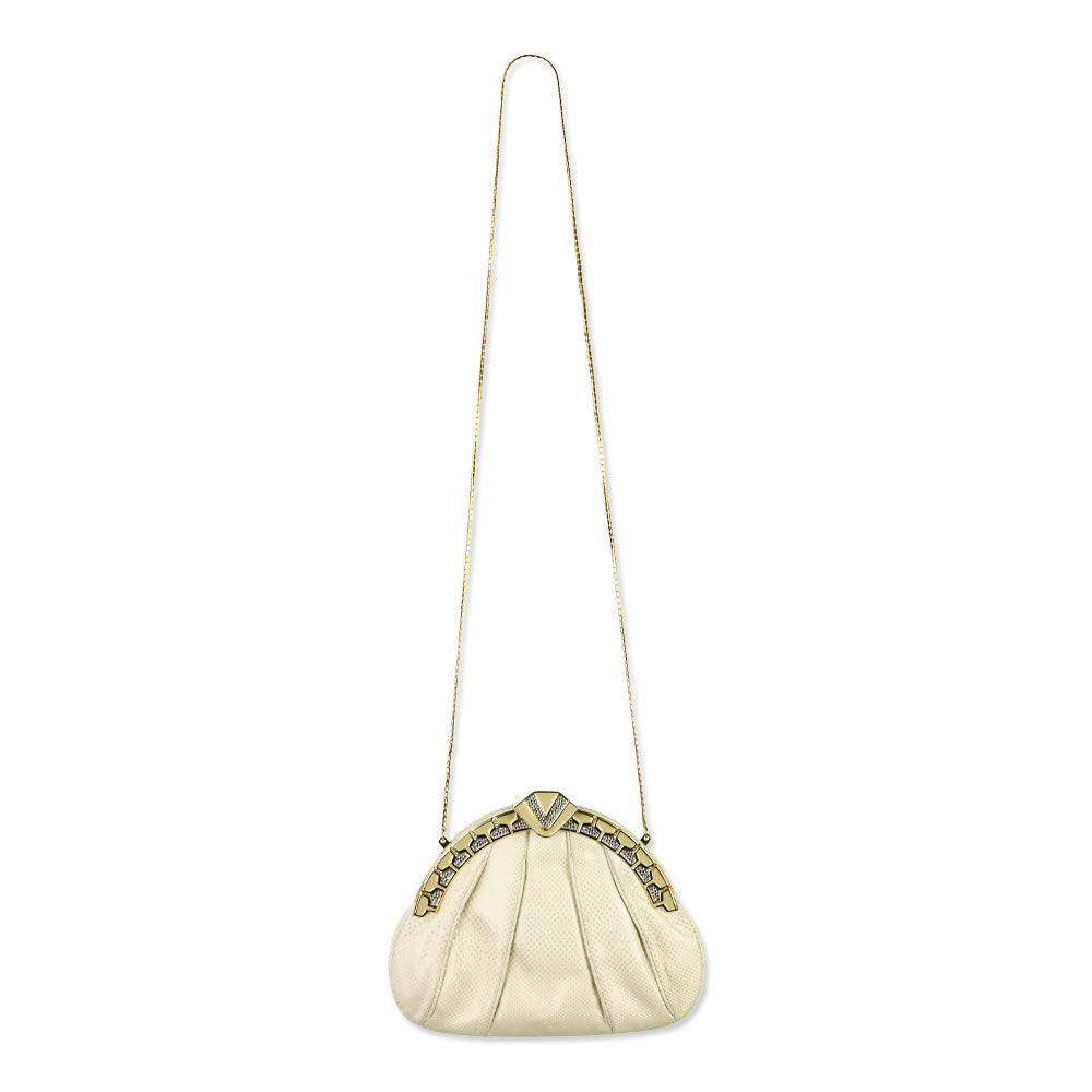 Finesse La Model Cream Lizard Skin Medium Frame Clutch with Chain Strap