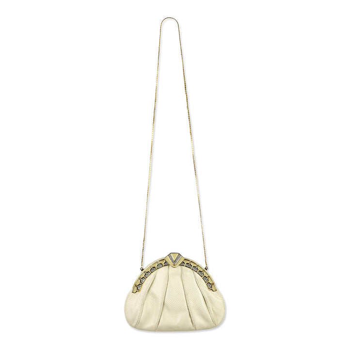 Finesse La Model Cream Lizard Skin Medium Frame Clutch with Chain Strap