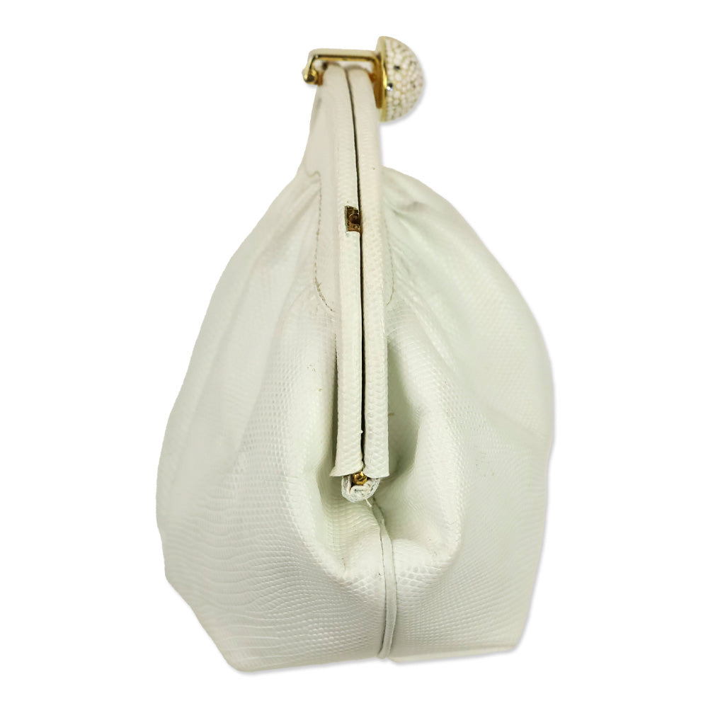 Finesse La Model White Lizard Skin Frame Clutch with Chain Strap
