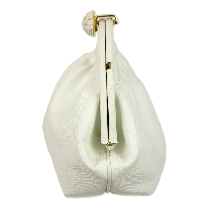 Finesse La Model White Lizard Skin Frame Clutch with Chain Strap