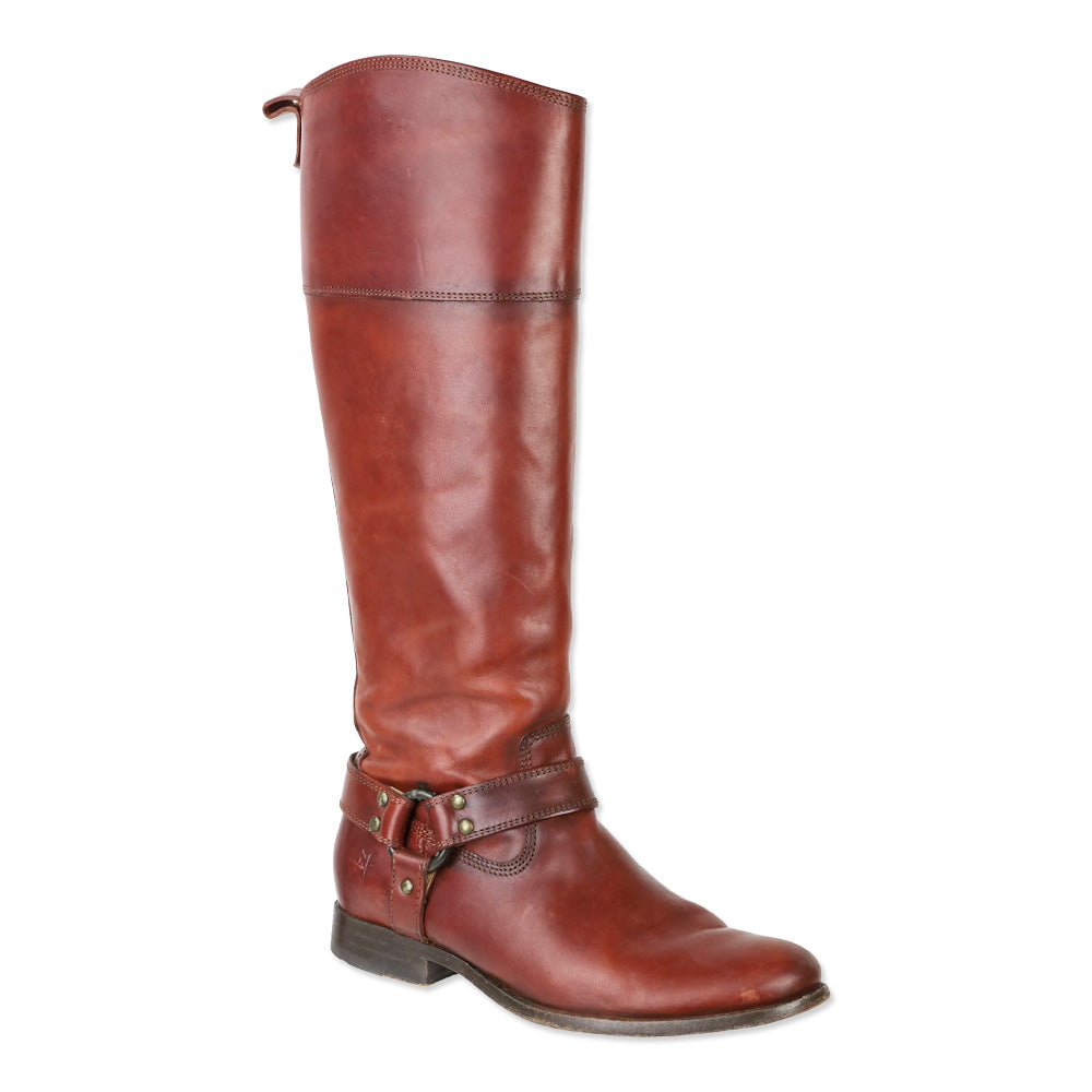 Frye Melissa Burn Red Leather Inside Zipper Harness Riding Boots