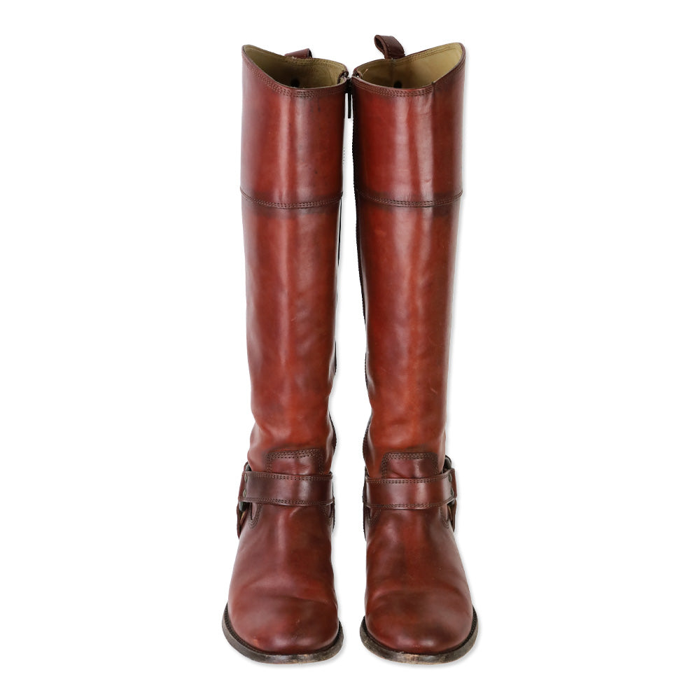 Frye Melissa Burn Red Leather Inside Zipper Harness Riding Boots