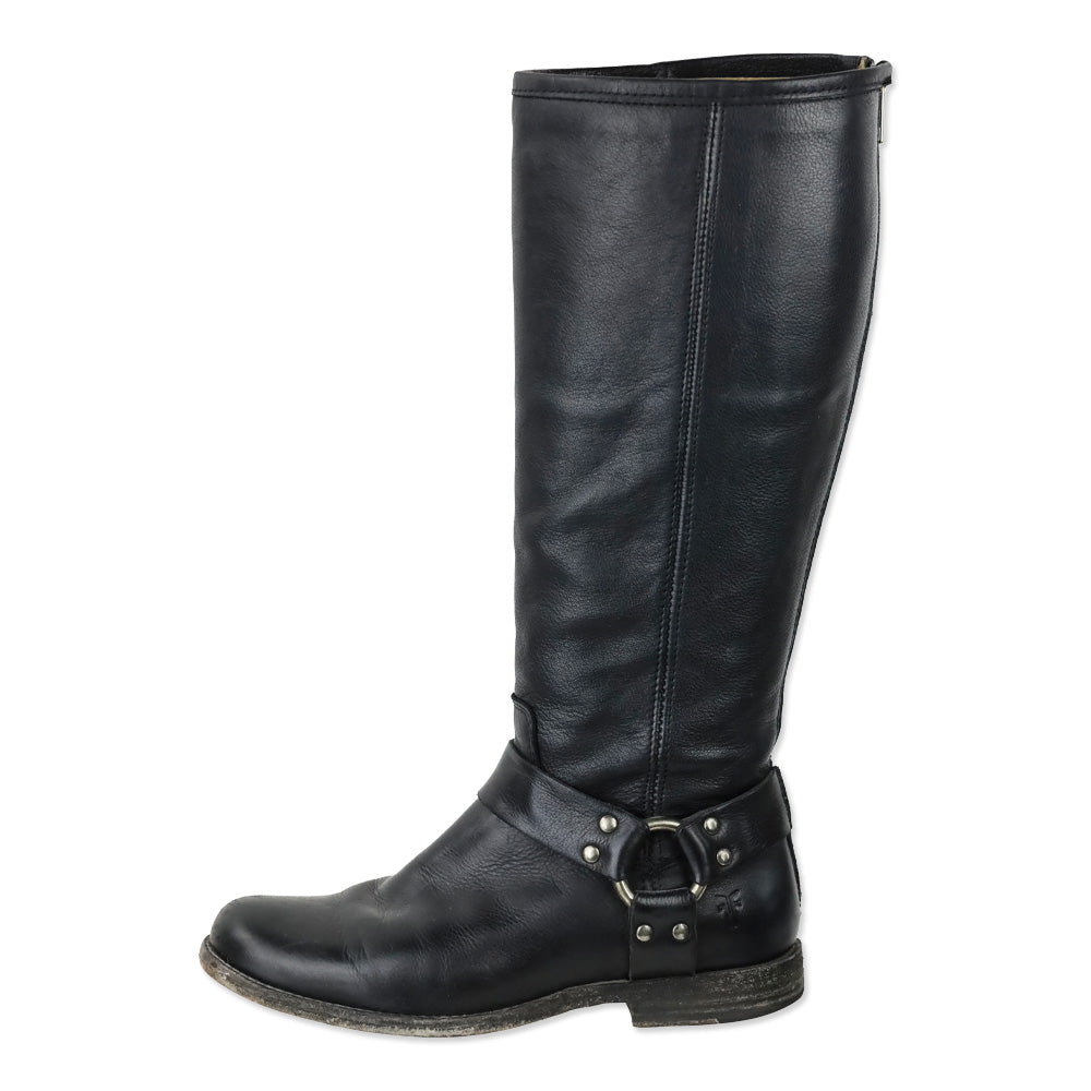 Frye Phillip Black Leather Back Zipper Harness Riding Boots