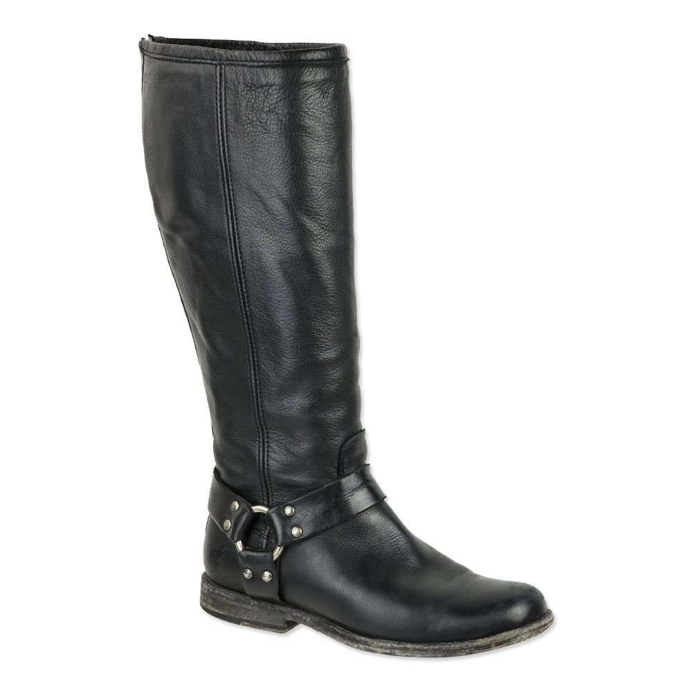 Frye Phillip Black Leather Back Zipper Harness Riding Boots